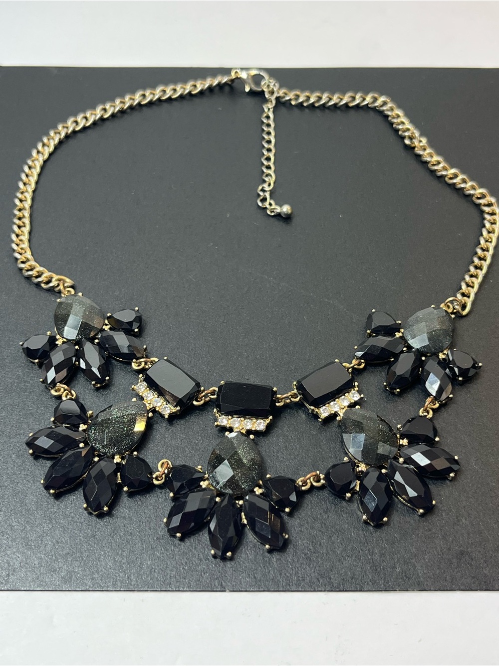 Gold Tone Black Crystal Cluster Bib Chunk Necklace Adjustable Cable Chain 16”